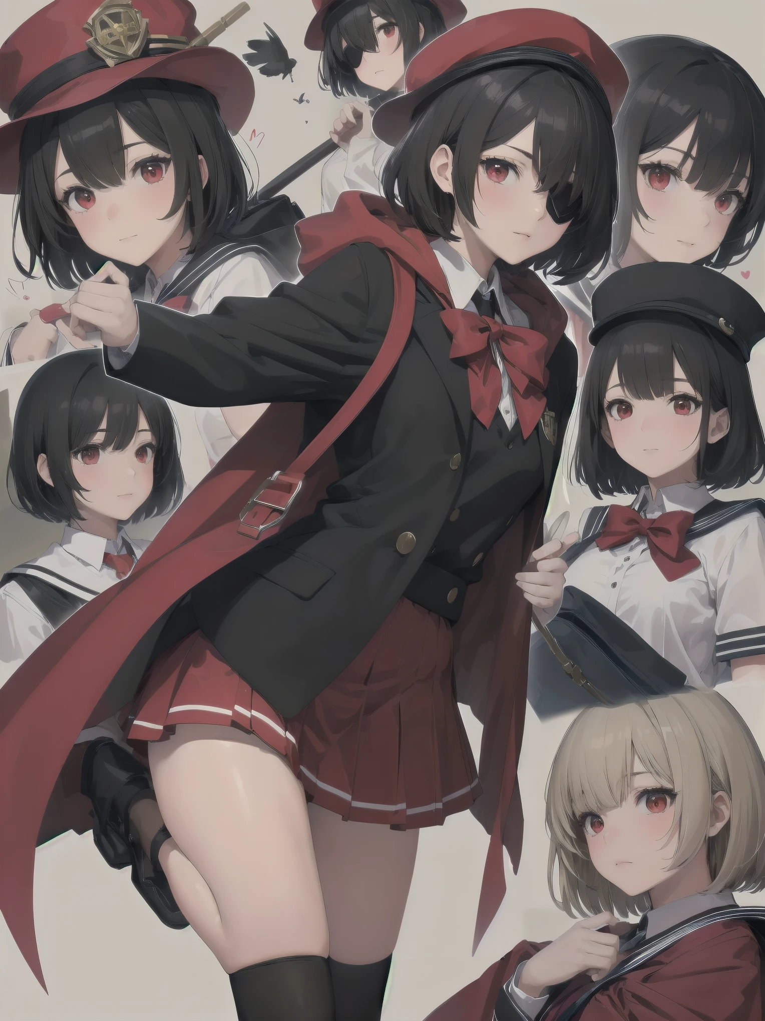 Masterpiece, top quality, super detailed, 16k,
One girl, spring, high school, warm colors, school bag, accurate and highly detailed background, flock of schoolgirls in uniforms of various body shapes and hairstyles, cute.
Blake.
Black hair with a short bob cut with bangs, big red eyes, black cloak, red miniskirt, black pointy hat, and wizard-like outfit.
Robe, cane, eyepatch over left eye,