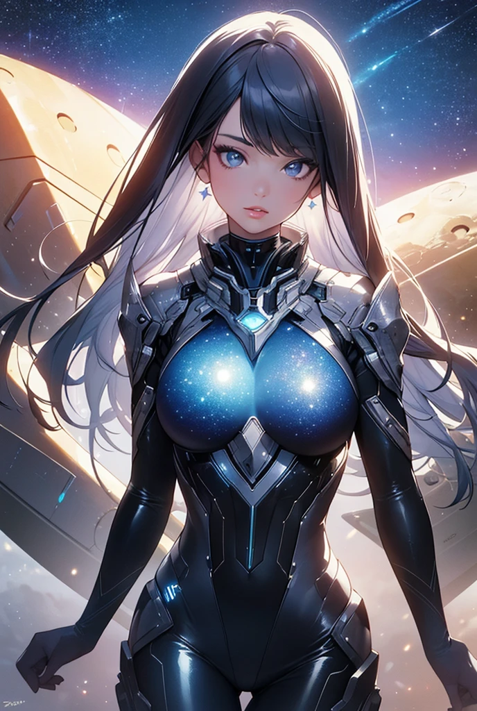(best quality,4k,8k,highres,masterpiece:1.2),ultra-detailed,(realistic,photorealistic,photo-realistic:1.37),space girl,detailed eyes and lips,beautiful face,shiny hair,scintillating makeup,stunning outfit,galactic background,cosmic scenery,celestial bodies,sparkling stars,nebulous clouds,galaxy clusters,glimmering spaceship,futuristic atmosphere,vibrant colors,ethereal lighting,dramatic shadows,sci-fi concept art