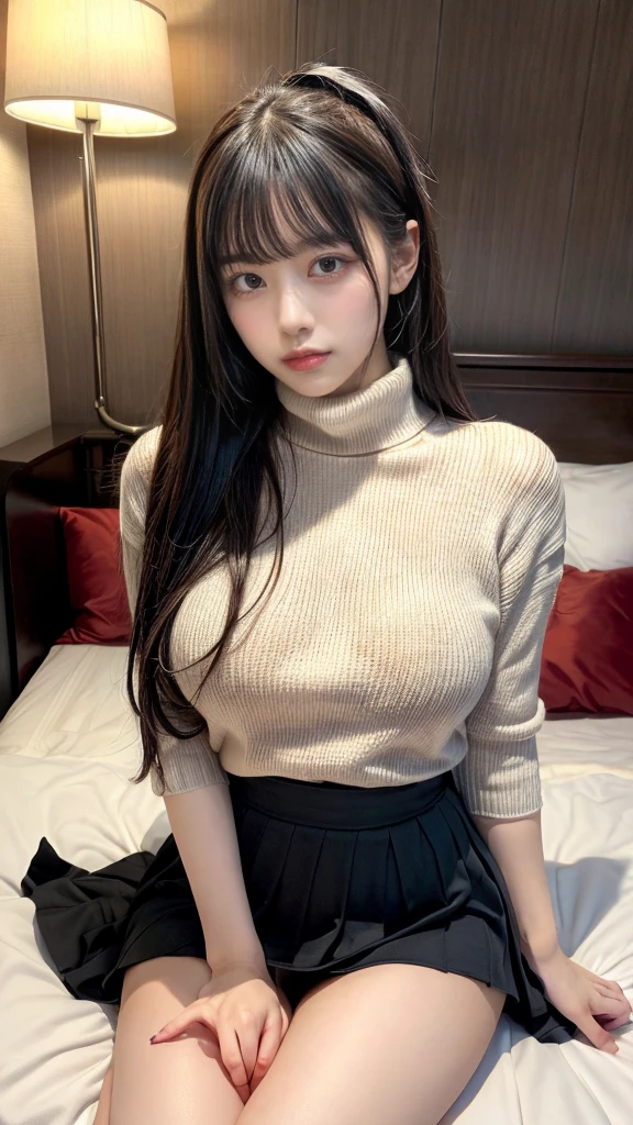 muste piece, best quality, illustration, Super detailed, fine details, High resolution, 8K,wall paper, perfect dynamic composition,(Details High quality, realistic depiction of eyes:1.3), Oversized turtleneck light beige sweater, pleated skirt, straight hair, large breasts, black hair color, Big Natural Color Lip, (perfect body shape), crying a little、cold gaze, Harajuku style、20 year old girl、cute type、ta、beautiful legs, hotel room, Gravure Idol, Voluptuous thighs, (woman on top, straddling, sitting)