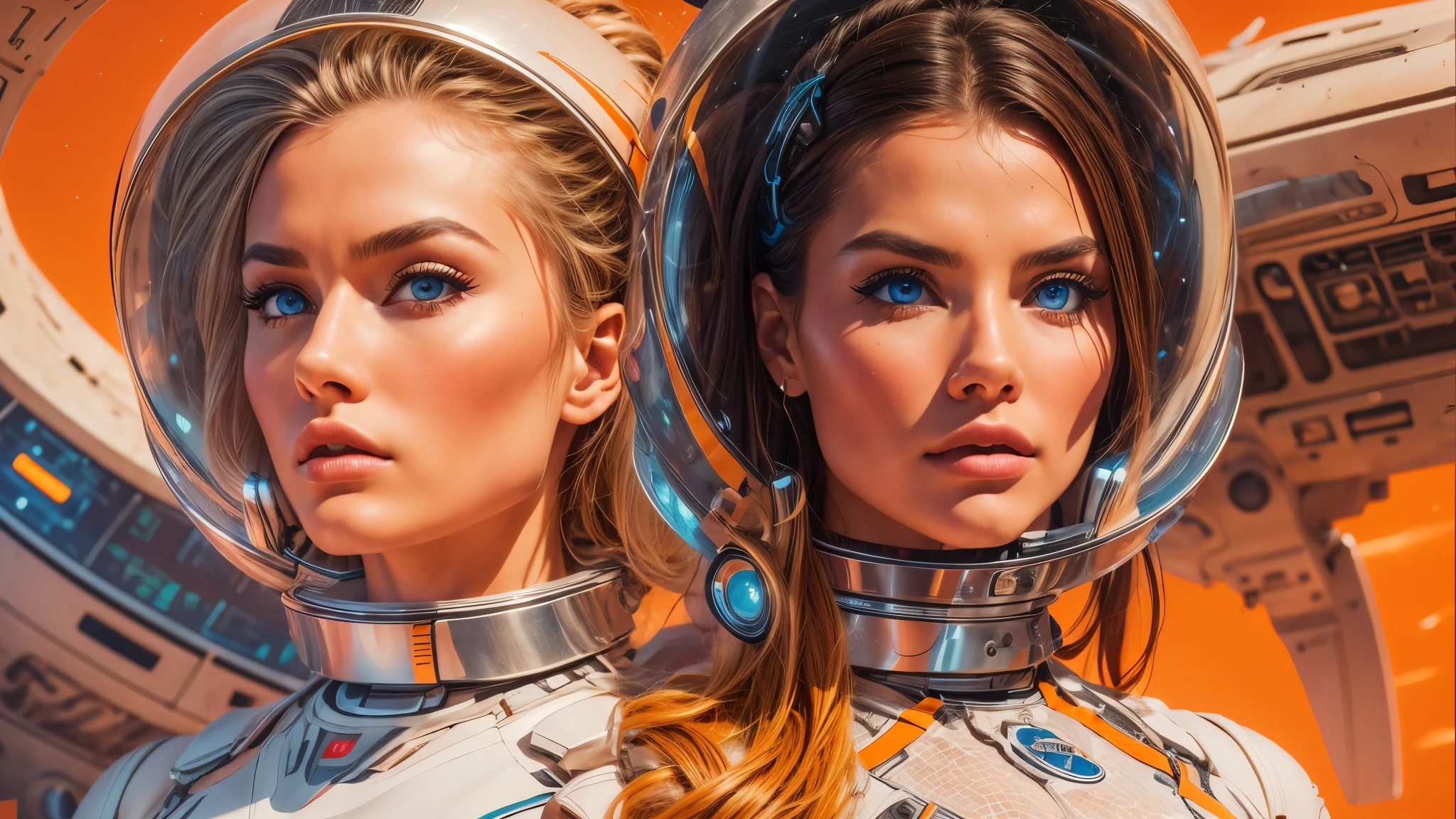 arafed image of a white woman in a futuristic suit with a spaceship in the background, movie art, in front of an orange background, inspired by Robert McGinnis, female protagonist, megastructure in the background, portrait of an ai astronaut, astronauts, an astronaut, portrait of a astronaut skeletor, perfect android girl, detailed eyes, perfectly detailed teeth, frank franzzeta and sakimichan  