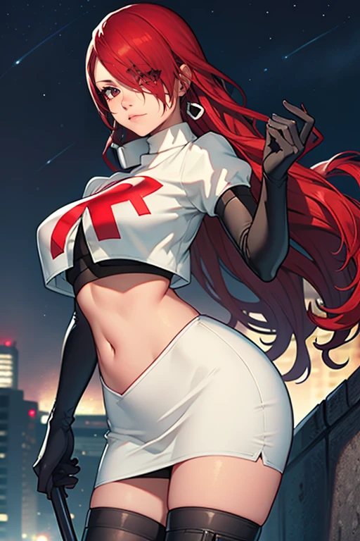 Persona3Mitsuru, red hair, hair over one eye ,glossy lips , Team rocket, team rocket uniform, red letter R, white skirt,white crop top,black thigh-high boots, black elbow gloves, evil smile, night sky background, earrings, large breasts, high-heeled boots