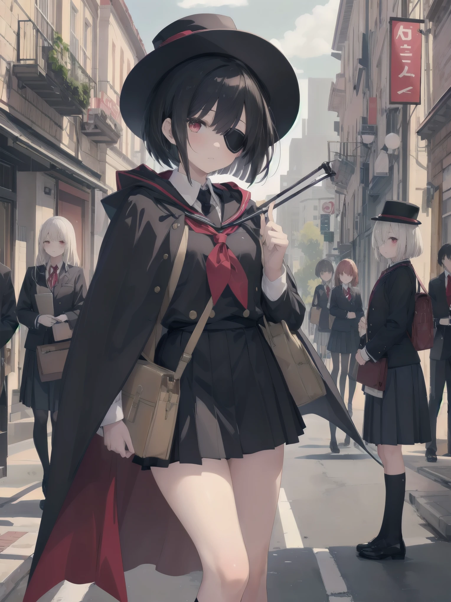 Masterpiece, top quality, super detailed, 16k,
One girl, spring, high school, warm colors, school bag, accurate and highly detailed background, flock of schoolgirls in uniforms of various body shapes and hairstyles, cute.
Blake.
Black hair with a short bob cut with bangs, big red eyes, black cloak, red miniskirt, black pointy hat, and wizard-like outfit.
Robe, cane, eyepatch over left eye,