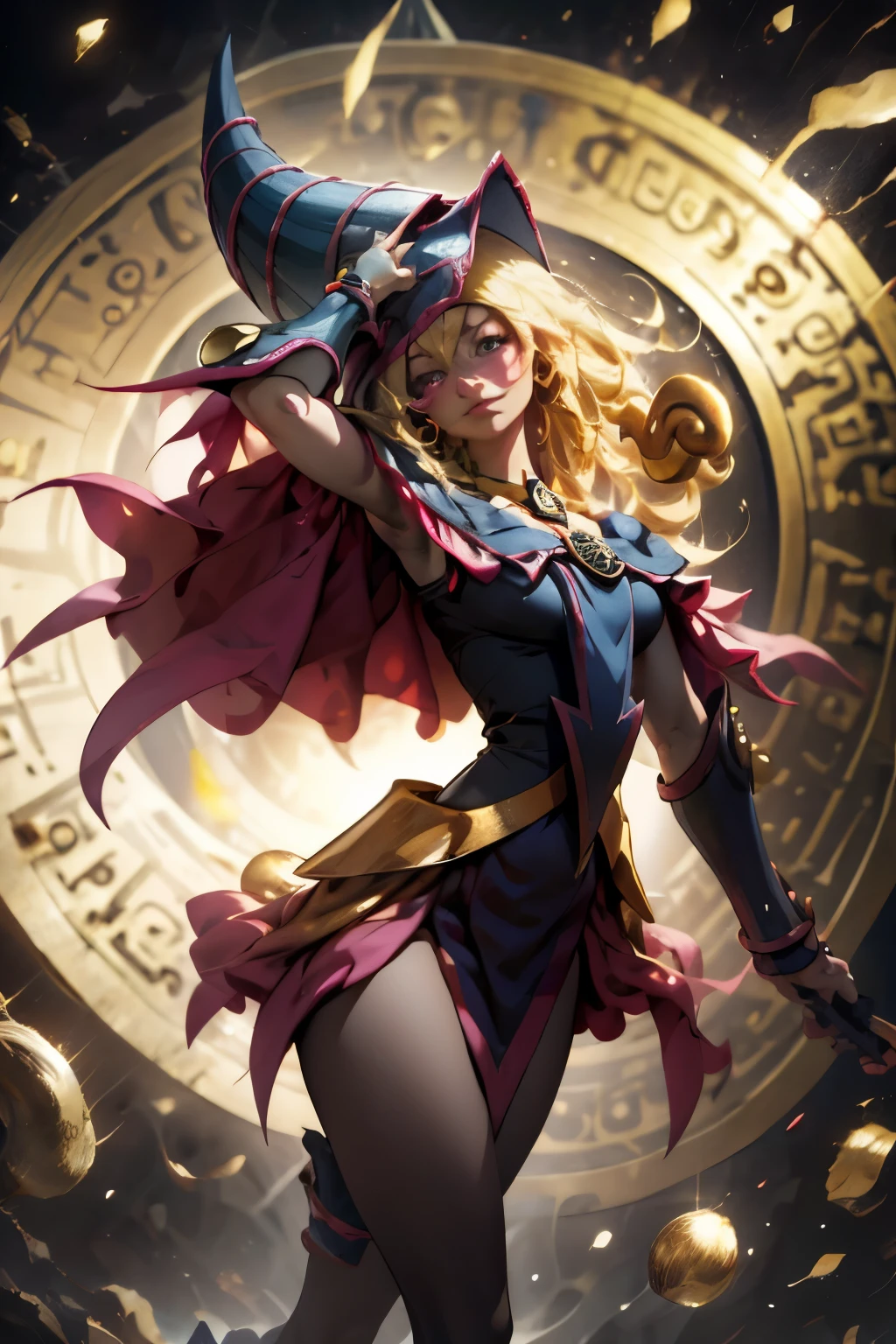 (8k,fotorrealista raw photography the highest quality;1.4) (1chica en) Super belleza (cara realista) cuerpo femenino (Rubia de rizos largos) Hold a black and red magic wand Escena de combate Magic hat with black and gold exterior Beautiful expression Deslumbramiento (Piel de aspecto real) (Giles magos oscuros) tentador super high resolution Un hiperrealista Alto detalle foto de cuerpo completo restos