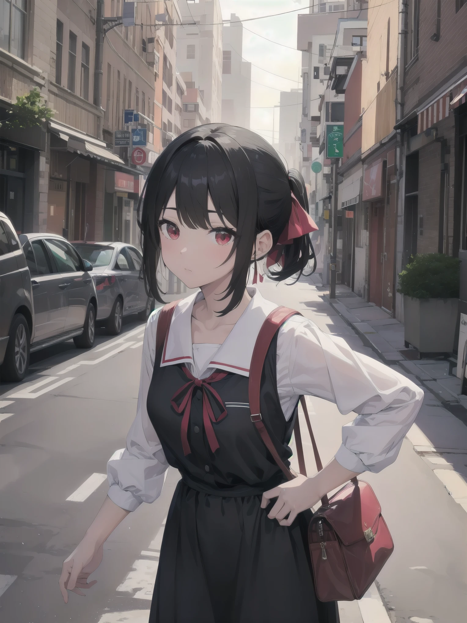 Masterpiece, top quality, super detailed, 16k, One girl, spring, high school, warm colors, school bag, accurate and highly detailed background, flock of schoolgirls in uniforms of various body shapes and hairstyles, cute. Blake. kaguya shinomiya, red eyes, black hair, ribbon, red ribbon, hair ribbon, parted bangs, folded ponytail, , shuuchiin academy , dress, sidelocks, breasts, black dress, collarbone, short hair, long sleeves