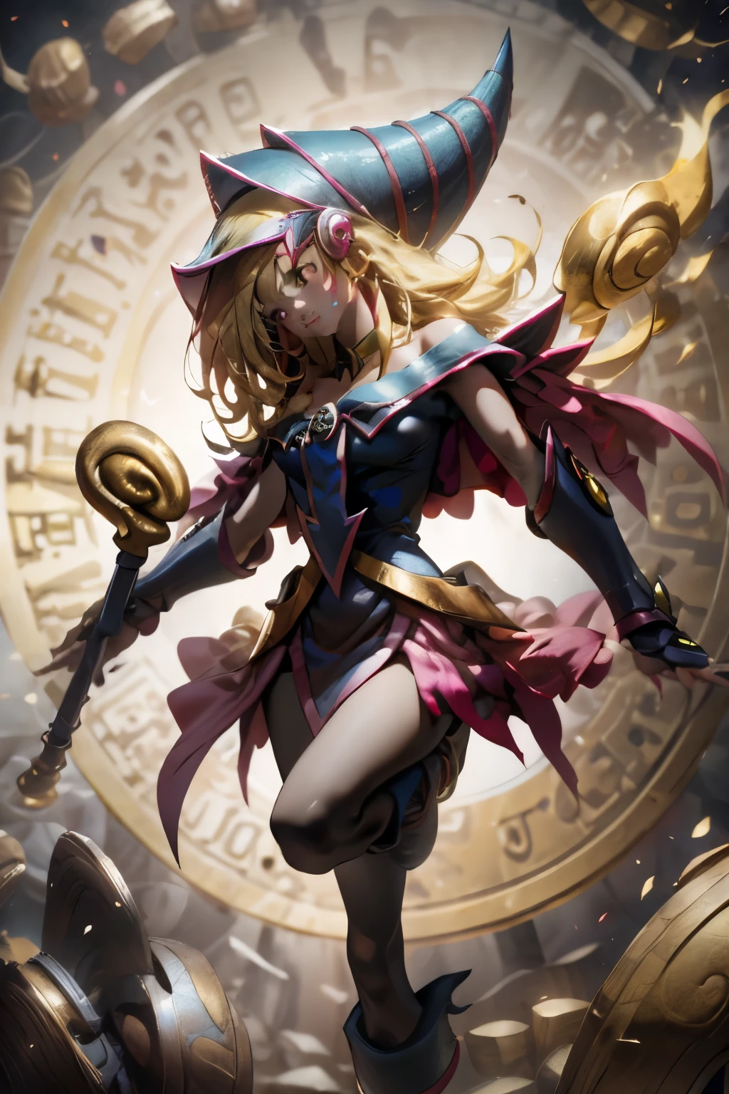 (8k,fotorrealista raw photography the highest quality;1.4) (1chica en) Super belleza (cara realista) cuerpo femenino (Rubia de rizos largos) Hold a black and red magic wand Escena de combate Magic hat with black and gold exterior Beautiful expression Deslumbramiento (Piel de aspecto real) (Giles magos oscuros) tentador super high resolution Un hiperrealista Alto detalle foto de cuerpo completo restos