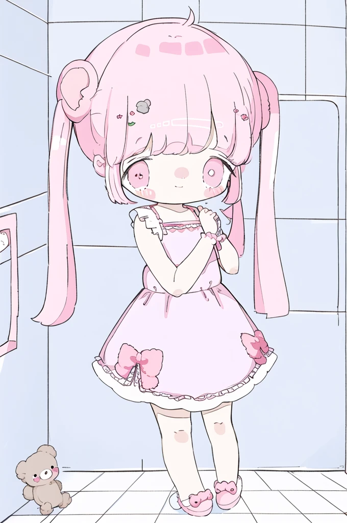 Steppiece, Best Quality, Cute, kawaii, 1girl in, Solo, (Twin-tailed、pink twintails、Pale pink twin tails)((Pink striped dress))Pink striped pattern、Pink eyes、Delicate eyes、Cute eyes、smil、Smile subtly、Koala Slippers、slippers、((Koala Slippers))(8K)、Holding the shower in your hands、(a shower)