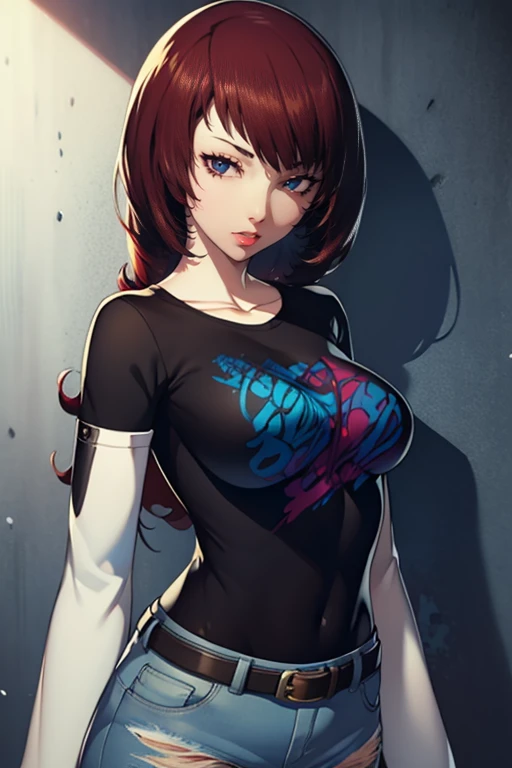 Persona3Mitsuru, red hair, hair over one eye ,glossy lips , 1girl, solo, standing, black t-shirt, white shirt, blue jeans, belt, lipstick, large breasts, layered sleeves