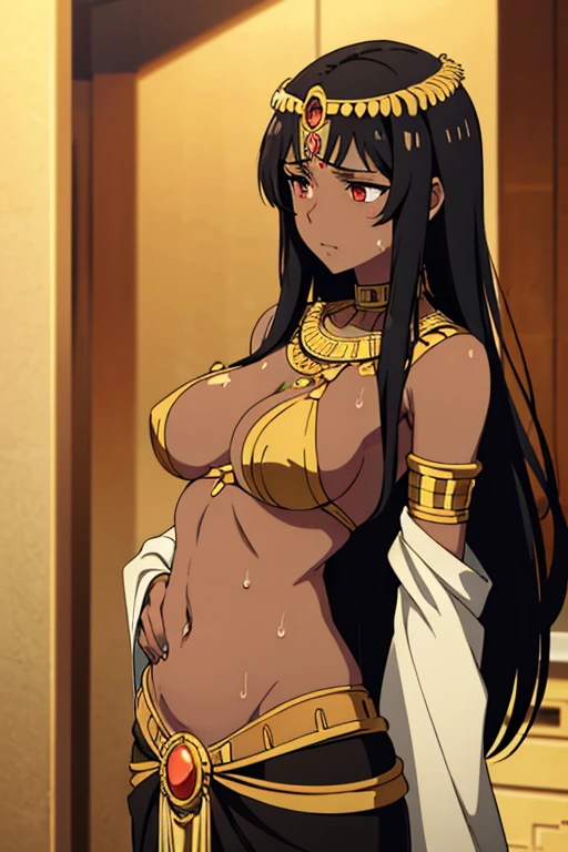 (best quality, masterpiece), brown skinned anime Cleopatra wearing a triangle top and long skirt, famished in hunger, (gently resting hands on stomach), (sweating), (long black hair), (hands on stomach), (pressing stomach with her fingers)