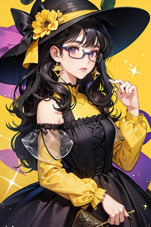 She is a yellow She wears a hat with a flower on it, and a dress. with black curly hair that has curlers over her antenna. She wears a dark purple dress and yellow-rimmed glasses. SPARKLE; GLITTER