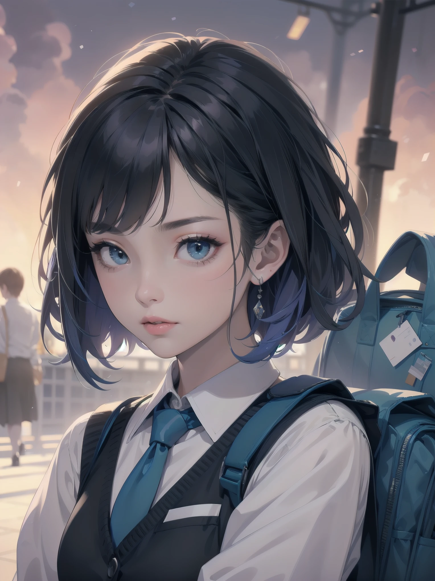 Masterpiece, top quality, super detailed, 16k,
One girl, spring, high school, warm colors, school bag, accurate and highly detailed background, flock of schoolgirls in uniforms of various body shapes and hairstyles, cute.
Blake.

akane kurokawa, 1girl, short hair, blue hair, green eyes, black hair, medium hair, white shirt, collared shirt, , vest, white shirt, sweater vest, black vest, blue necktie, one-length bob, create bangs, add some lightness to the area around the face, and leave the ends of the hair thick throughout. dark blue-purple hair, blue eyes