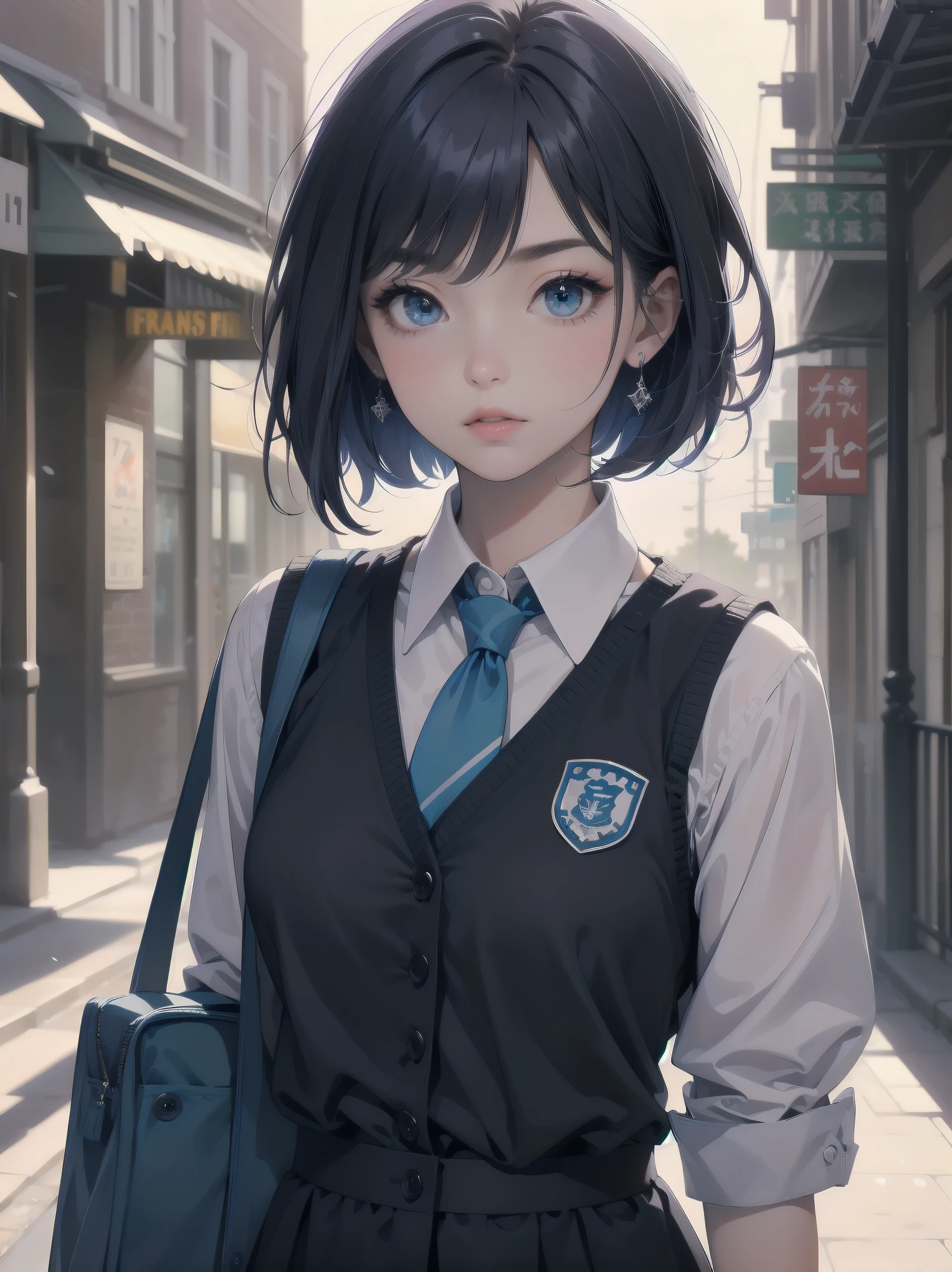 Masterpiece, top quality, super detailed, 16k,
One girl, spring, high school, warm colors, school bag, accurate and highly detailed background, flock of schoolgirls in uniforms of various body shapes and hairstyles, cute.
Blake.
akane kurokawa, 1girl, short hair, blue hair, green eyes, black hair, medium hair, white shirt, collared shirt, , vest, white shirt, sweater vest, black vest, blue necktie, one-length bob, create bangs, add some lightness to the area around the face, and leave the ends of the hair thick throughout. dark blue-purple hair, blue eyes