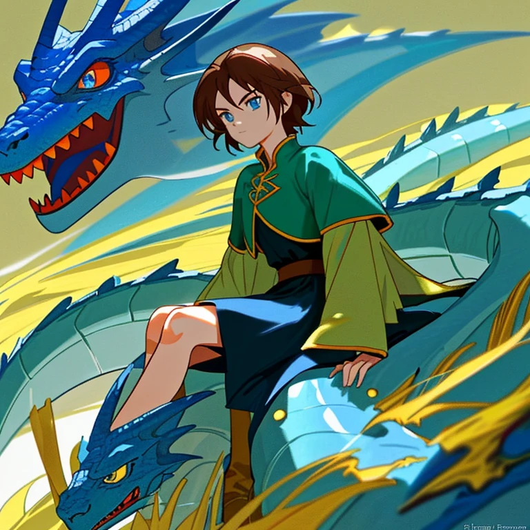 Best quality, masterpiece, a female blue dragon on a hill, the dragon has blue eyes, sitting next to the dragon is a dragon rider named Eragon, Eragon has brown hair and blue eyes, the image is a little zoomed out with the whole dragon in frame, Eragon has a deep blue sword called Brisingr,