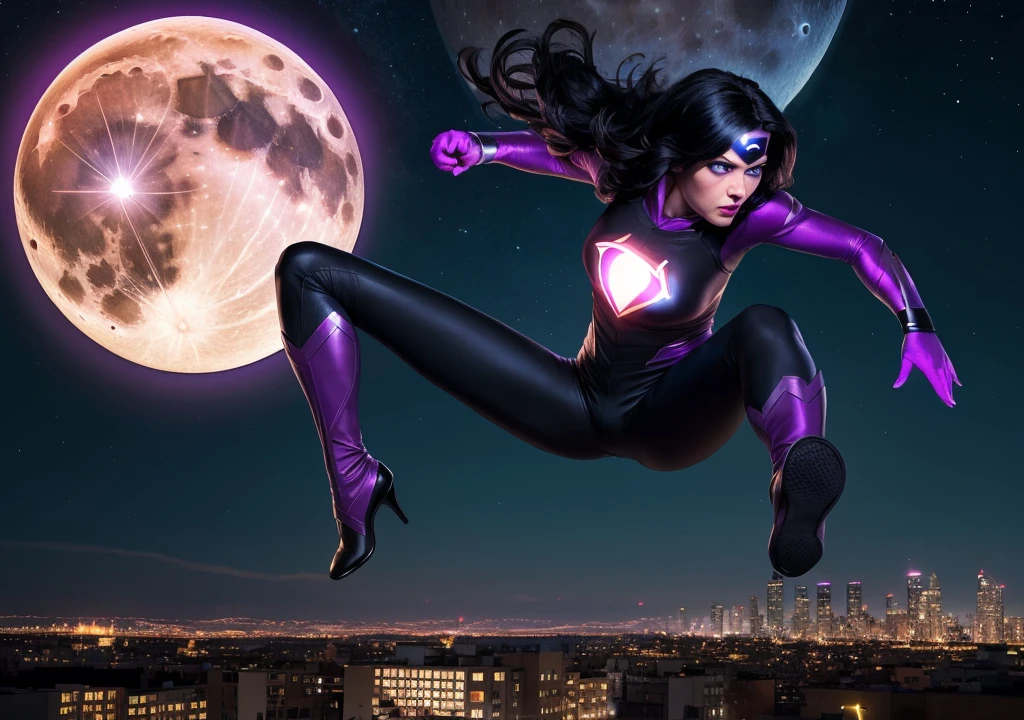 (Masterpiece, 4k resolution, ultra-realistic, very detailed, 1280x720), (Black and purple superhero theme, charismatic, there's a girl on top of town, wearing a black and purple costume that covers legs, she's a superhero, small purple glowing energy orb floating next to her), [ ((25 years), (long black hair:1.2), full body, (blue eyes:1.2), ((Flying pose),show of strength, jumping from one building to another), ((sandy urban environment):0.8)| (cityscape, at night, dynamic lights), (full moon))] # Explanation: The Prompt mainly describes a 4K painting of ultra-high definition, very realistic, very detailed. It shows a superheroine at the top of the city, wearing a Black and Purple costume that covers legs. The theme in the painting is a black and purple superhero theme, the female protagonist has long black hair, is 25 years old and her entire body is shown in the painting. In terms of portraying the actions of superheroine, she has a small purple glowing orb floating next to her