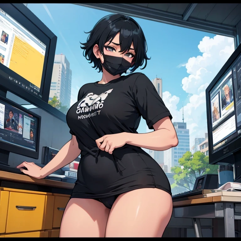 ((masterpiece, best quality)), anime girl, chubby, skimpy casual clothing, short black hair, using computer, webcam, vibrant, colorful, 80', black cloth mask