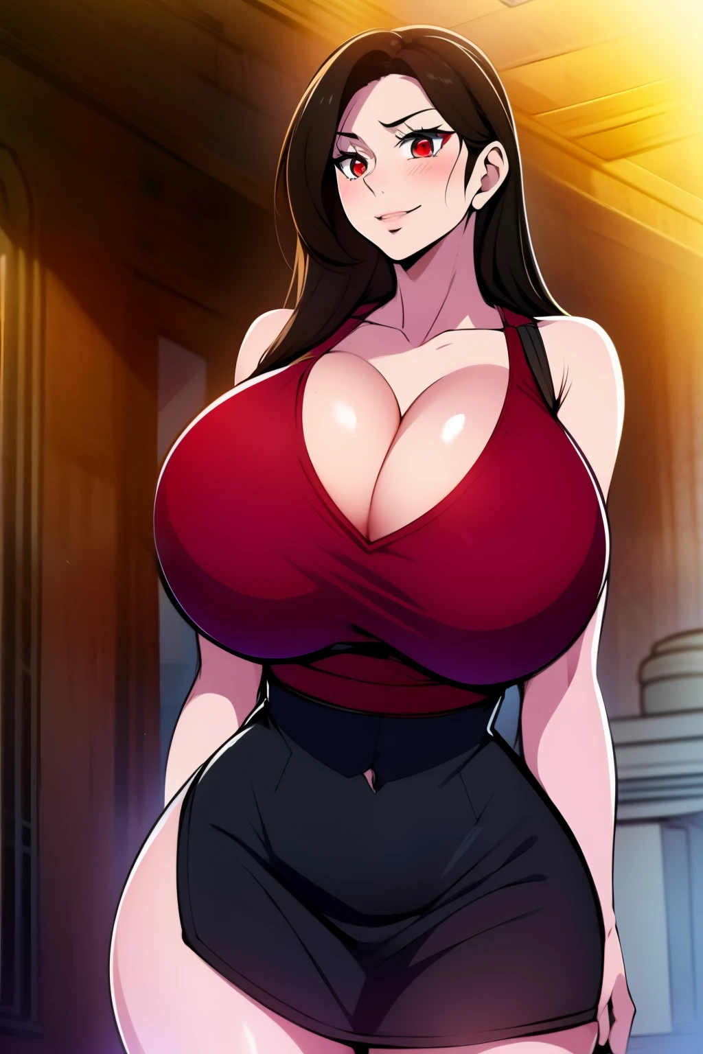 An anime-style artwork depicting tifa from the game final fantasy 7
Tags: tifa, anime, detailed eyes, detailed lips, ass, 1girl, red eyes, gauntlet, elbow pad, skirt, crop top, (black hair:1.1), solo, huge breasts, smiling expression, intense gaze, dynamic pose, indoor, palace, vibrant colors, digital art, high-resolution, professional quality, gigantic breasts, cleavage), curvy, cowboy shot, (gigantic breasts: 1.4),