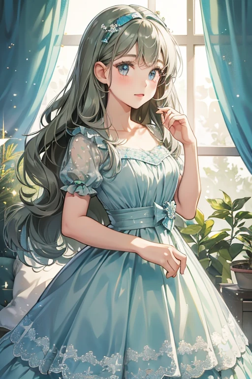 Mabel is a light gray who wears a light blue dress with olive-green spots. SPARKLE; GLITTER