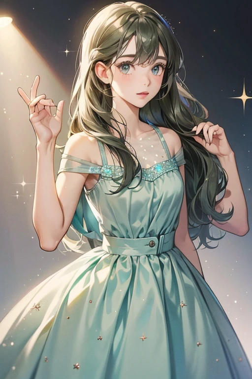 Mabel is a light gray who wears a light blue dress with olive-green spots. SPARKLE; GLITTER