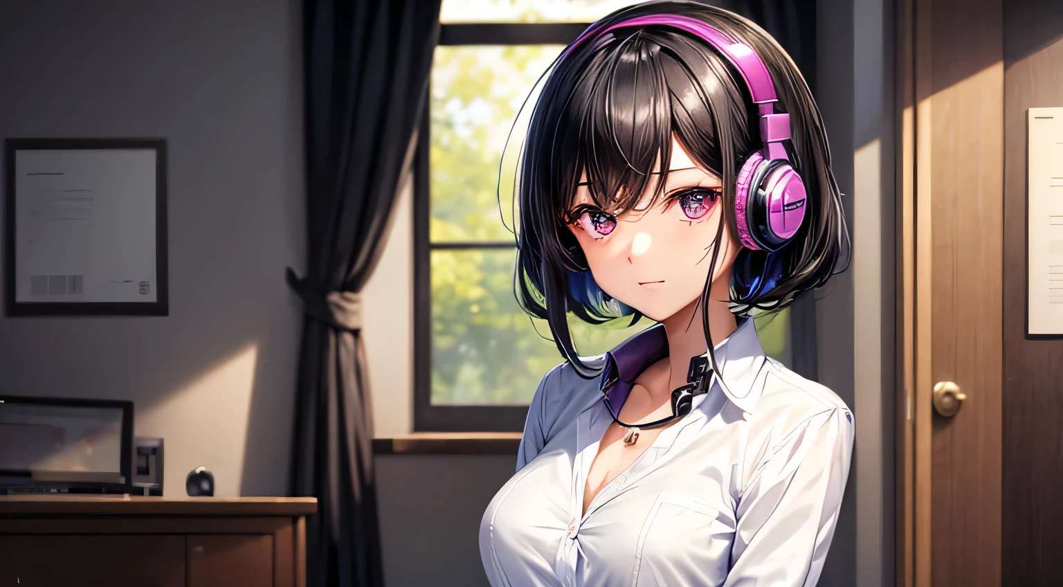 woman　Black Hair　Berry Short　blazer　Perfect facial expression　Perfect hair description　Perfect eye depiction　room　Working in the room　Wearing headphones　