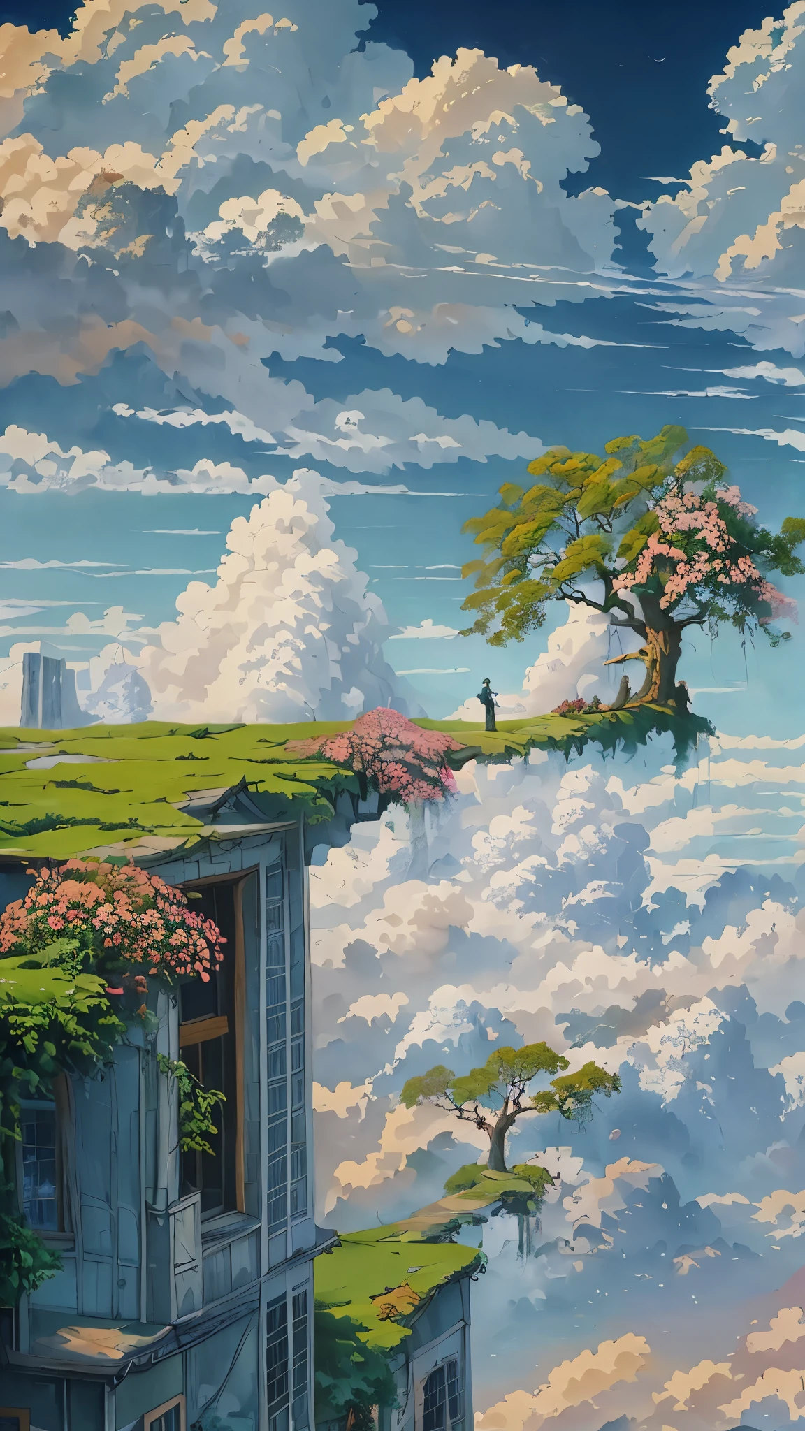 painting of a house with a tree on a cliff above the clouds, kilian eng and thomas kinkade, rob gonsalves and tim white, silvain sarrailh, rhads and thomas kinkade, inspired by RHADS, cyril rolando and m.w kaluta, cyril rolando and m. w kaluta, rhads!!!