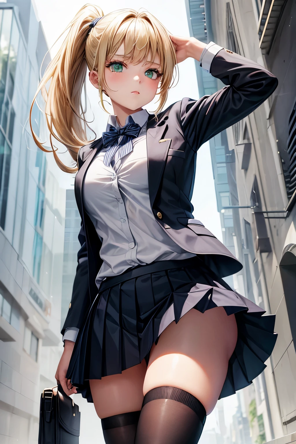 18 yo school girl, dark navy blazer, pleated mini skirt, blonde ponytail, green eyes, cowboy shot, standing, white socks,