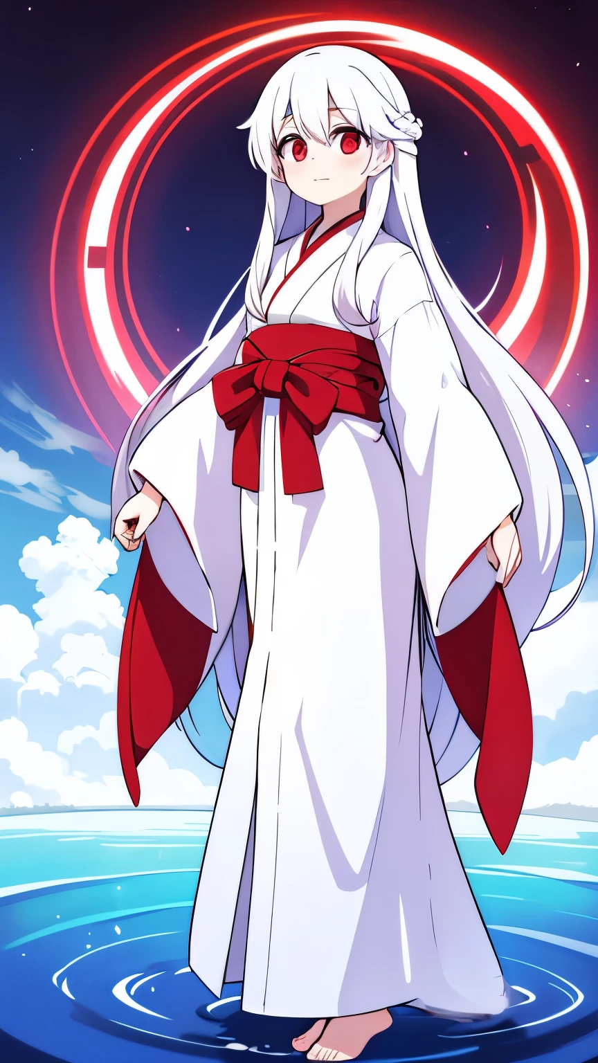 Age unknown,Unknown gender,White, super long straight hair,Red eyes,white kimono,White Hakama,God,Standing on the water.Barefoot,White snake