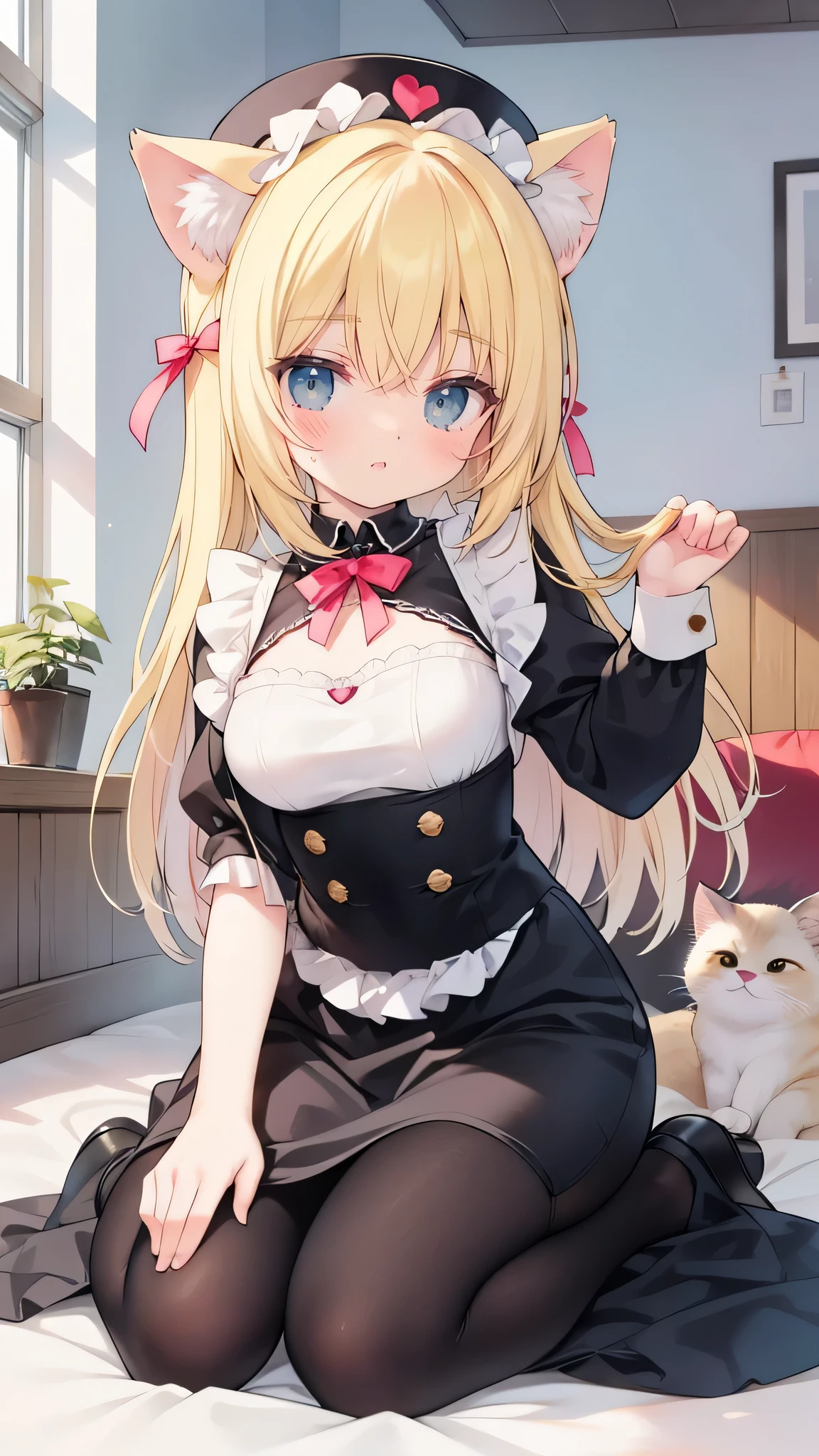 Wear beautiful clothes(the maid outfit),maidennurse,Heteropupil,Heterochromia,The was cute,cat ear,coda,Tied with a ball head,hair tying up,(mitts),dynamicposes,photographed,borgar,Full body photo, yellow hair,maid cafe