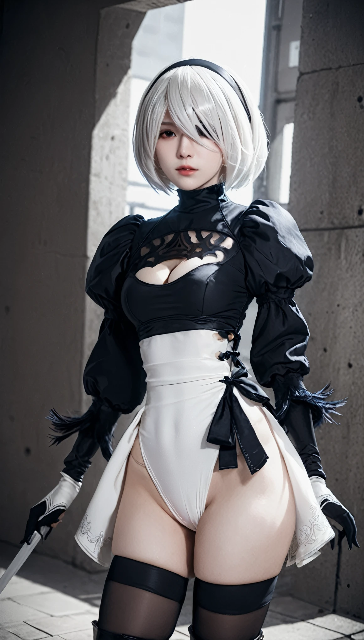 Real Photos、nier:Beautiful cosplay of 2B from Automata、2B、A woman cosplaying as 2B、White skin、tall、Great style、Big Breasts、Small face、High nose、Sharp Eye、Beautiful Face、Beautiful face、30 years old、British women、Half British、nier:2B&#39;s black costume from Automata、Stylish background、Light background、Blur the background、Fantasyな都市を背景に、reach out to your audience、Shooting from a diagonal angle、masterpiece、highest quality、high resolution、Cosplayer Photos、Professional Photoodel、Fantasy、Glaring at the audience、Angry expression、Cosplay makeup style、Real Cosplay Photo、Cool and beautiful photos、Portrait、Wrapped in a pale white glow、good looking