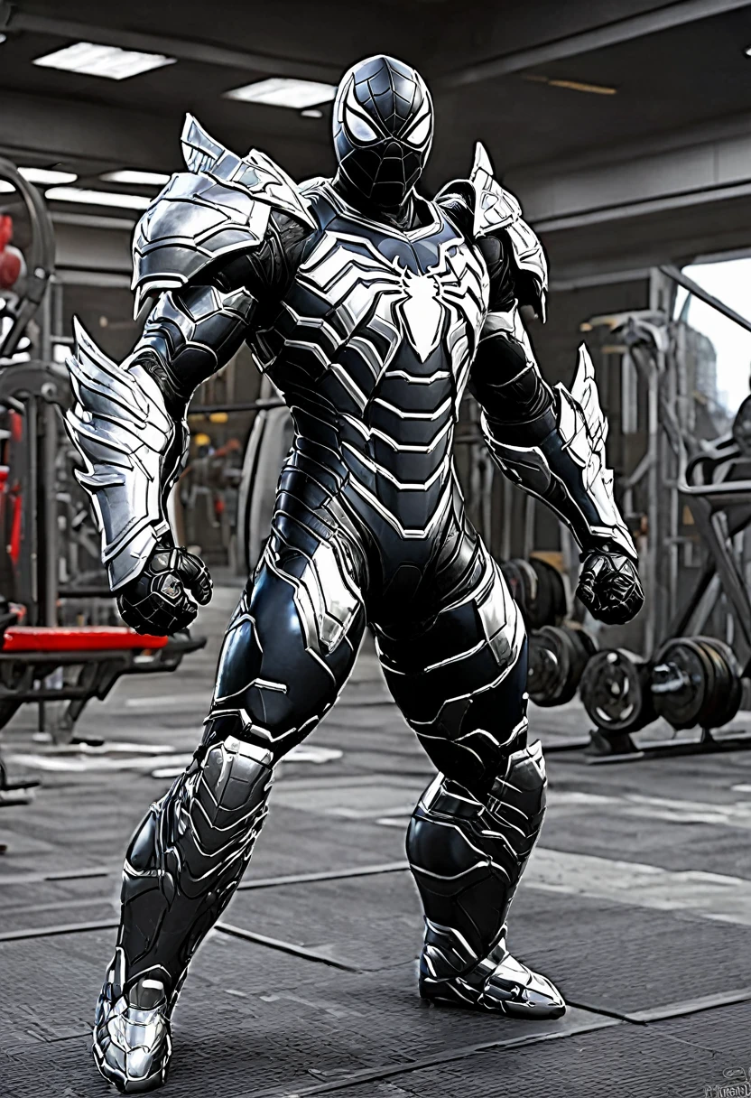 spiderman with Black spiderman, very sturdy, mecha suit, silver dragon armor. gym as background
