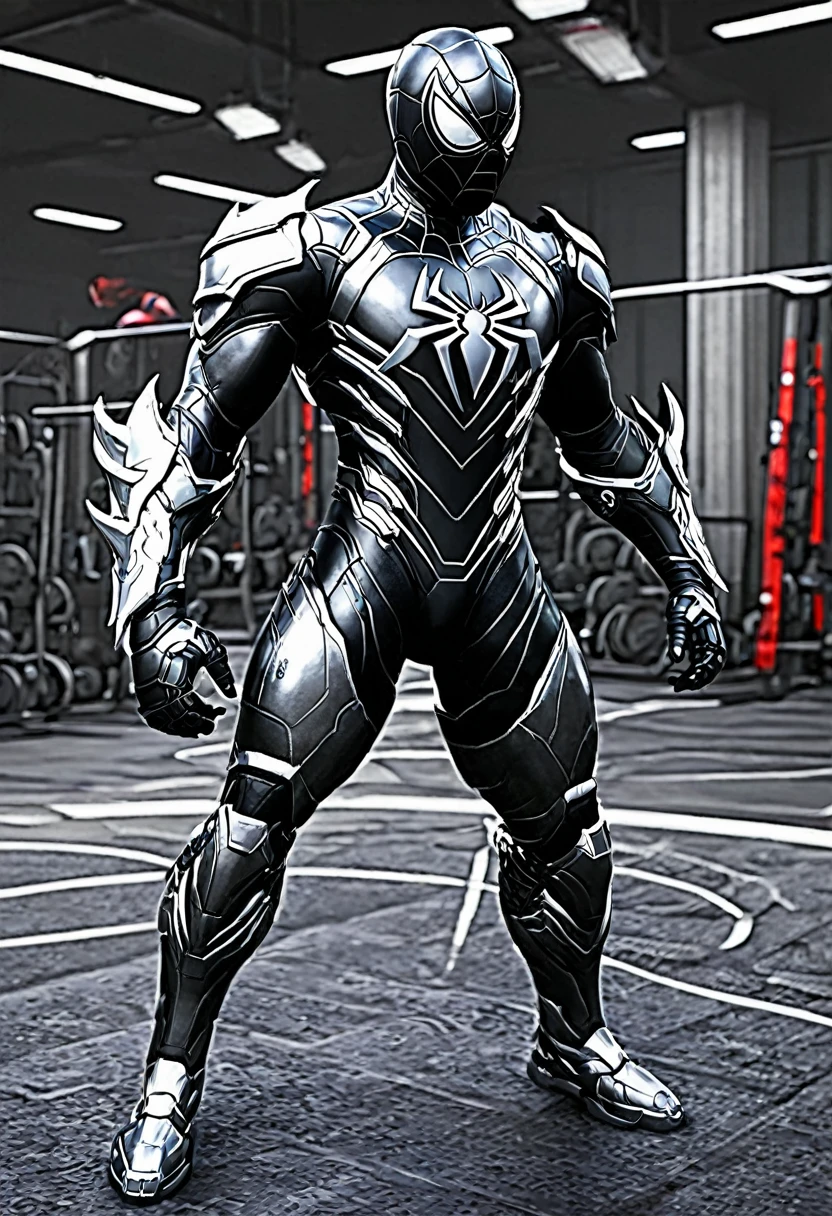 spiderman with Black spiderman, very sturdy, mecha suit, silver dragon armor. gym as background