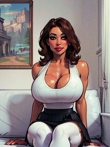 ((Best quality, 8k, Masterpiece :1.3)), pretty woman, 1girl, huge saggybreasts :1.2, lustful, dark brown hair, (sitting on couch, crossed legs, skirt :1.1), ultra-detailed face, detailed lips, detailed eyes, double eyelid, wide hipsz plump, curly hairz 21 years old, realistic, heavy eye shadow, bliss