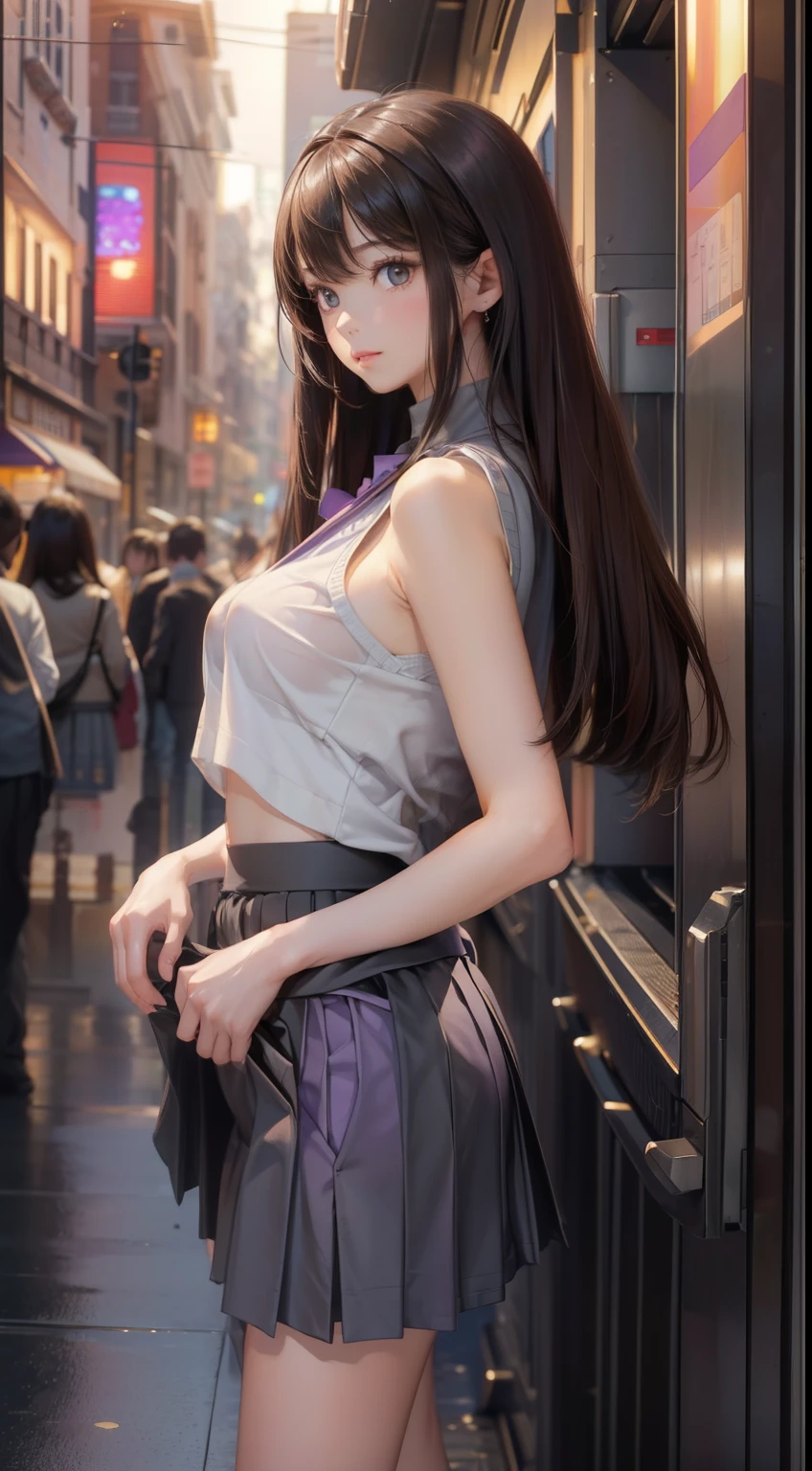 1 girl,(Very detailed肌),bent,,Facing forward、Looking at the audienceいる、Gray purple sleeveless high neck sweater、beautiful胸,Big Breasts,Pale skin,Pointed Chest,Erect nipples,(Fantasy art,Best image quality,surrealist portrait,(8k),Super Realistic,最high quality, high quality, High resolution, high quality texture,Attention to detail,beautiful,become close,Very detailedなCG,become closeテクスチャー,Realistic expression,masterpiece,Presence,dynamic,bold),Ultra-thin hair),(Very soft hair),(Super Straight Hair:1.5),流した長いbangs,Hair above one eye.Black Hair、bangs、Look forward、Looking at the audience、Two-dimensional beautiful girl、(masterpiece:1.2), 最high quality,cozy anime,
窓の近くにAre standingとてもかわいくてbeautiful女の子, (Very detailedbeautiful顔),Beach,Wooden water cottage,,(smile),blush,Looking at the audience,Black Hair,(最high quality,masterpiece:1.2),Confused,High resolution,Very detailed,Very detailed,32k,8k resolution, Intricate details,Movie Scenes,Detailed Background,alone,dynamic angle, Natural light,Particles of light,beautiful詳細な空,Perfect hands, (masterpiece:1.2, 最high quality), (Realistic, photoRealistic:1.4), beautifulイラスト, (Natural Side Lighting, Cinema Lighting), Browsing Caution, 
((When you look to the side, Upper Eye)), (Panty shot), (whole body, Front view), 1 girl, Japanese, 17 years old, Perfect Face, Symmetrical cute face, Shiny skin, 
(Long Hair, Straight hair, Light brown hair), 非対称のbangs, Golden Eyes, Long eyelashes, (Medium chest), thin, 
beautiful髪, beautiful顔, 緻密でbeautiful目, beautiful鎖骨, beautiful体, beautiful胸, beautiful太もも, beautiful feet, beautiful指, 
Purple lace panties, ((Gray purple sleeveless high neck sweater, Black pleated skirt)), 
(beautiful景色), evening, (road), Are standing, ((Lift your skirt yourself:1.5)), (Embarrassing, Shut your mouth.),Second dimension beautiful girl