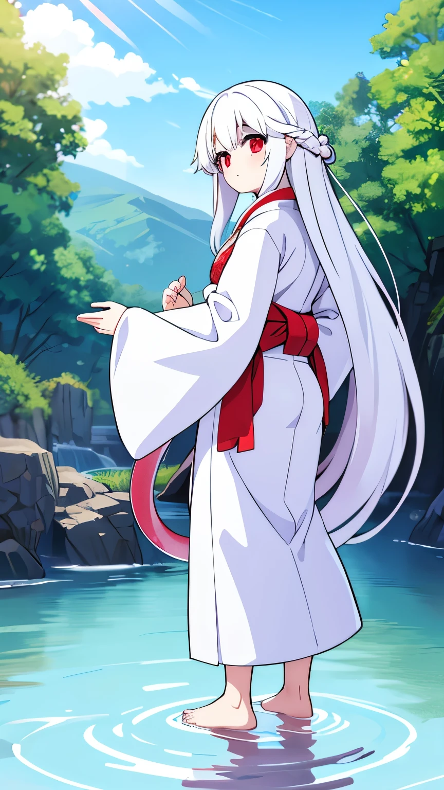 Age unknown,Unknown gender,White, super long straight hair,Red eyes,white kimono,White Hakama,God,Standing on the water.Barefoot,White snake