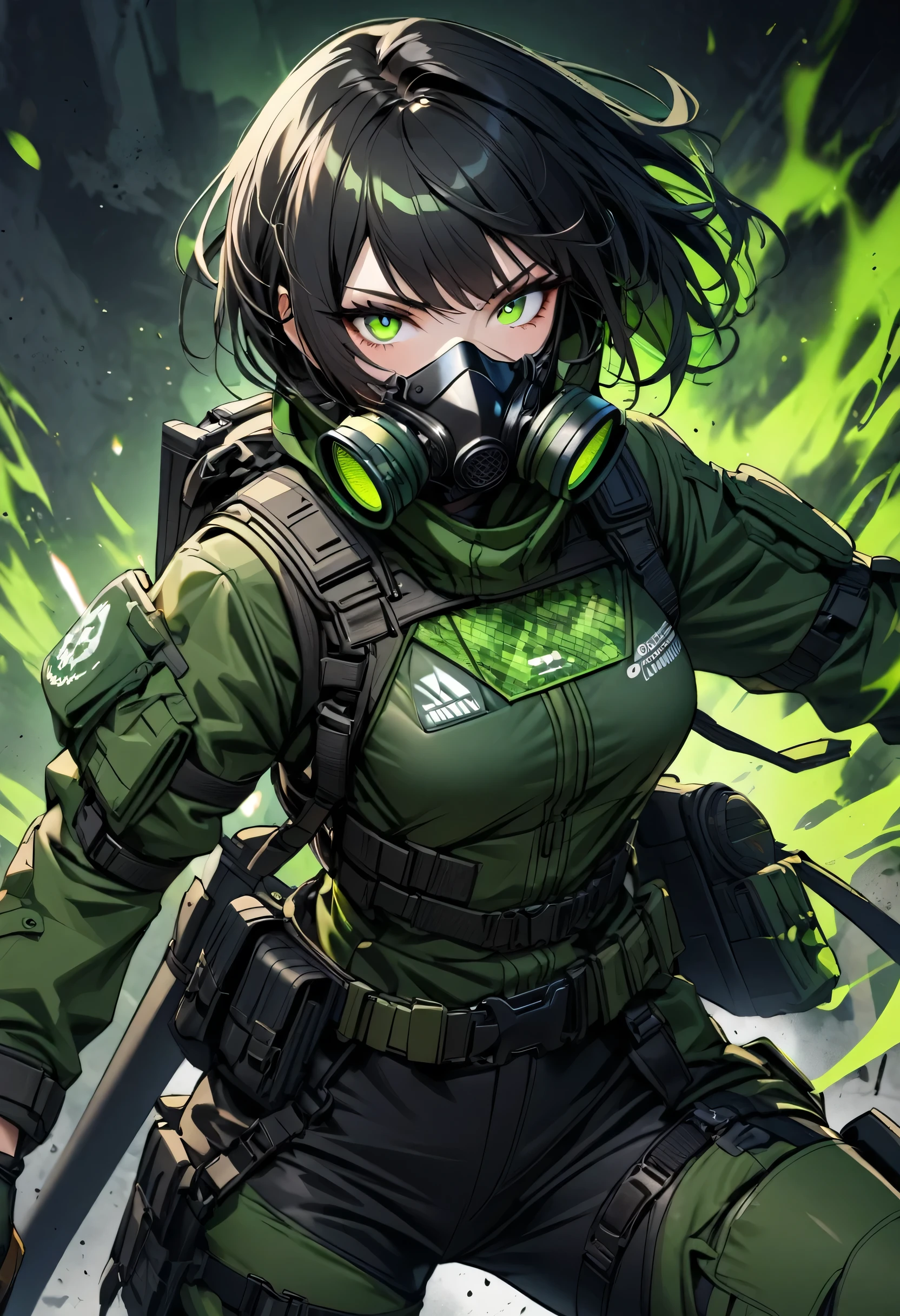 beautiful japanese young woman, extreme detailed, bodysuit, gloves, belt, thigh boots, (valorantViper:1.2), bodysuit, gloves, belt, thigh boots, respirator, looking at viewer, face, portrait, close-up, green, slender, (combat ready stance), (tactical outfit), (solo character), (gaming theme:1.5), short hair, green, (black hair), (milittary gear), (gas mask:0.4), (poisonous green:1.2), (glowing effects),