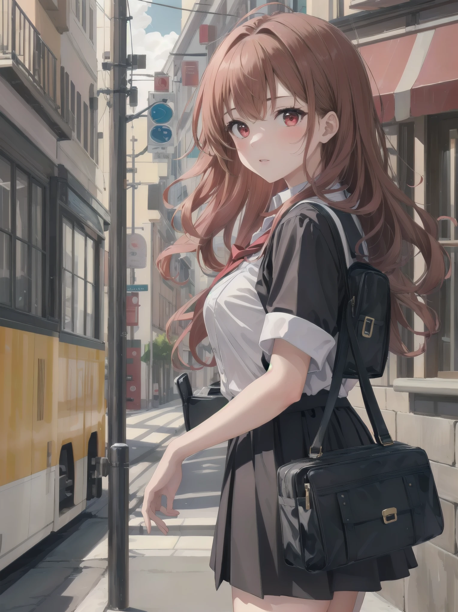 Masterpiece, top quality, super detailed, 16k,
One girl, spring, high school, warm colors, school bag, accurate and highly detailed background, flock of schoolgirls in uniforms of various body shapes and hairstyles, cute.
Blake.
A beautiful girl with wavy crimson hair. she is very well developed, Beautiful girl with wavy red hair. Suspended eyes, red eyes, good looks, big tits