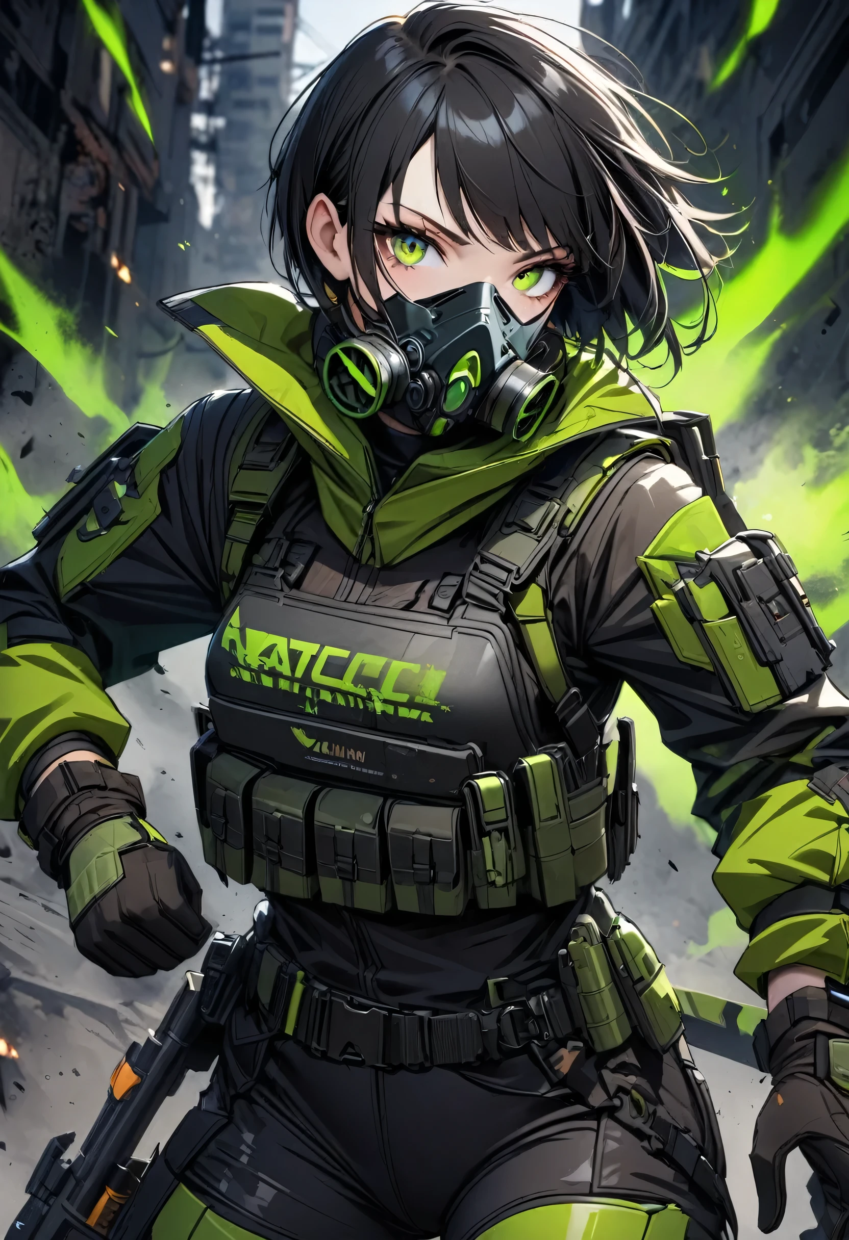 beautiful japanese young woman, extreme detailed, bodysuit, gloves, belt, thigh boots, (valorantViper:1.2), bodysuit, gloves, belt, thigh boots, respirator, looking at viewer, face, portrait, close-up, green, slender, (combat ready stance), (tactical outfit), (solo character), (gaming theme:1.5), short hair, green, (black hair), (milittary gear), (gas mask:0.4), (poisonous green:1.2), (glowing effects),
