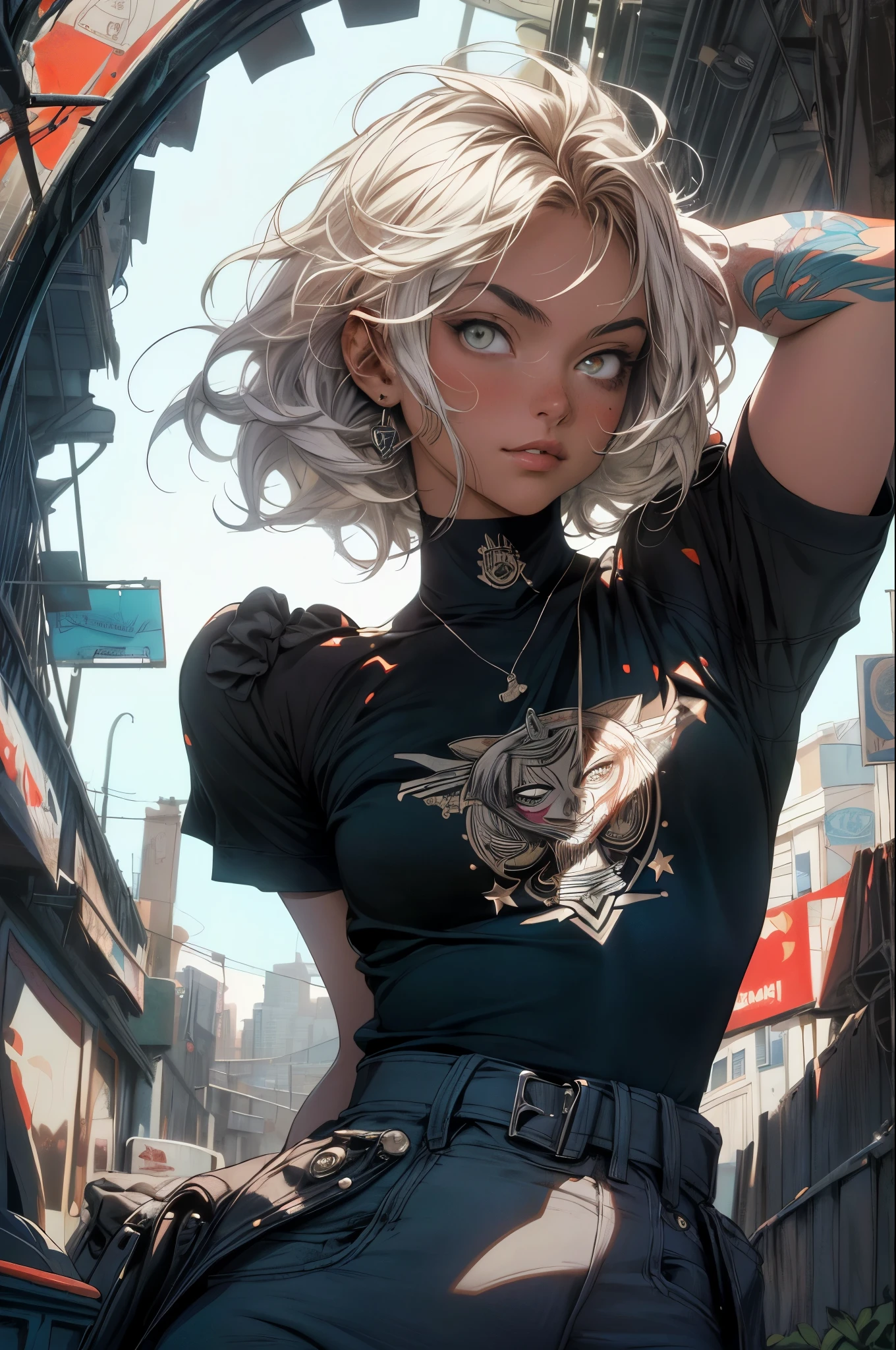 CG K Ultra-realistic ,((de primera calidad、8k、32K、masterpiece、nffsw:1.3)), (superfine illustration)、(super high resolution), (((cuerpo adulto))), (((1 chica en))), ((( bob de pelo corto ))), 25 year old cyberpunk gladiator with perfect body, Hombreras con espinas de metal., Gladiadores in Brooklyn, (( bob de pelo corto )), Camiseta del equipo de rugby rota, Casi desnudo al estilo urbano salvaje de Simon Bisley, pelo rubio corto, Minimal clothing, Metallic protection on the left arm with complex graphics., Rojo oscuro con estrellas blancas y rayas azules y blancas., armadura, Lleno de puntas y remaches., Tatuaje de veneno (((Imagen desde la rodilla hacia arriba))), pelo rubio blanco corto, En el fondo、 There is a wall with an intricate design painted by Shepard Fairey.