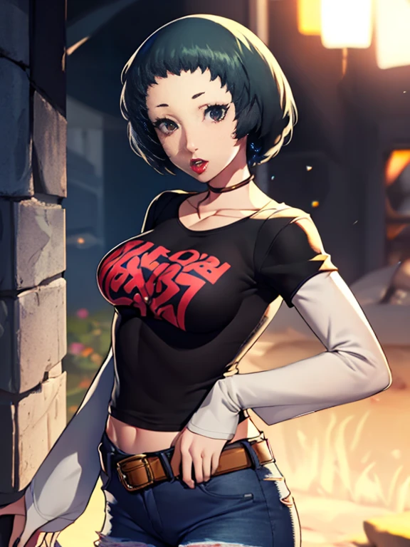 fuukap3, auqa hair ,short hair ,glossy lips , 1girl, solo, standing, black t-shirt, white shirt, blue jeans, belt, lipstick, large breasts, layered sleeves