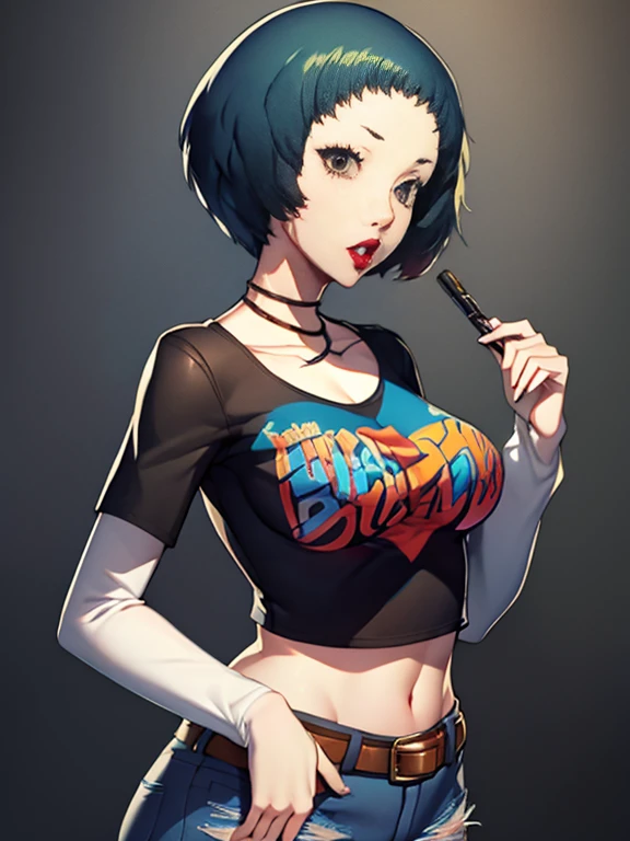 fuukap3, auqa hair ,short hair ,glossy lips , 1girl, solo, standing, black t-shirt, white shirt, blue jeans, belt, lipstick, large breasts, layered sleeves