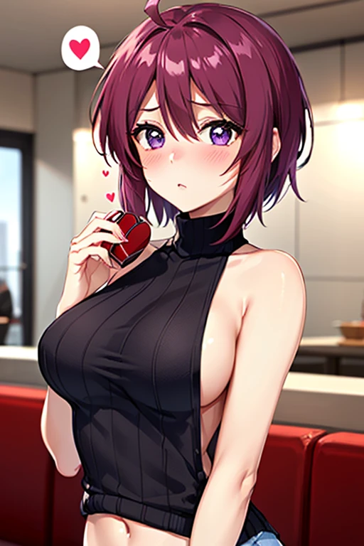 (8K、top-quality、masterpiece:1.2)、(realisitic、ultra-detailliert、超A high resolution,beautifull detailed face,perfect body,perfect lighting,constriction,beautiful detailed skin,skin texture,(1girl),sleeveless turtleneck sweater,sideboobs,bare navel,backless, short hair, ahoge, red hair, purple eyes, purple hair,,handing over a gift:1.2,in stylish cafe,love:1.0,embarassed:1.0,shy:1.0,heart shaped pupils:1.2,full face blush,spoken heart:1.5