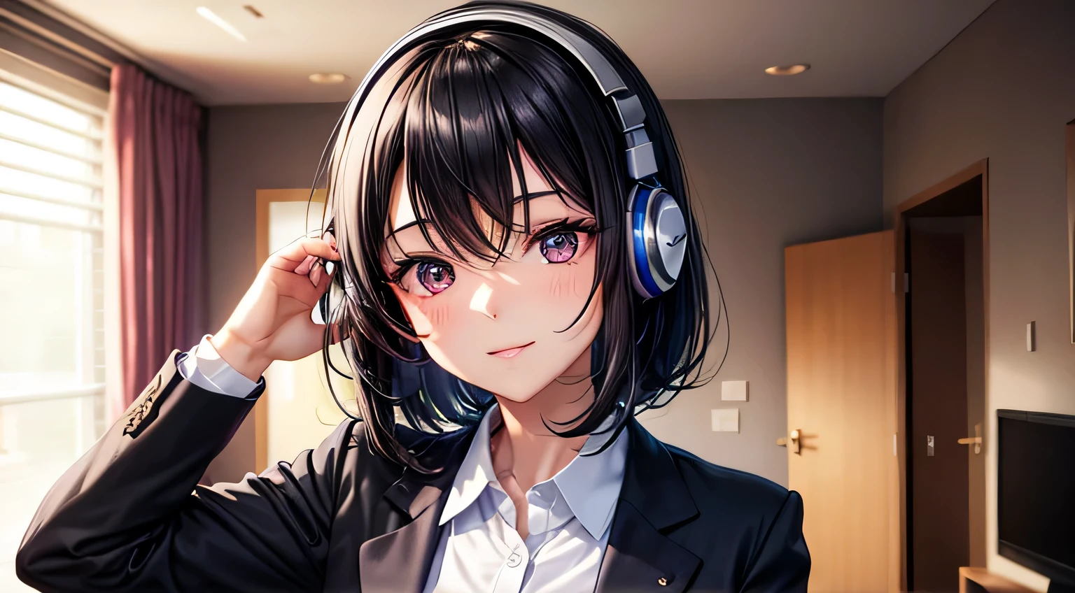 woman Black Hair Berry Short blazer Perfect facial expression Perfect hair description Perfect eye depiction room Studying in the room Night room Wearing headphones