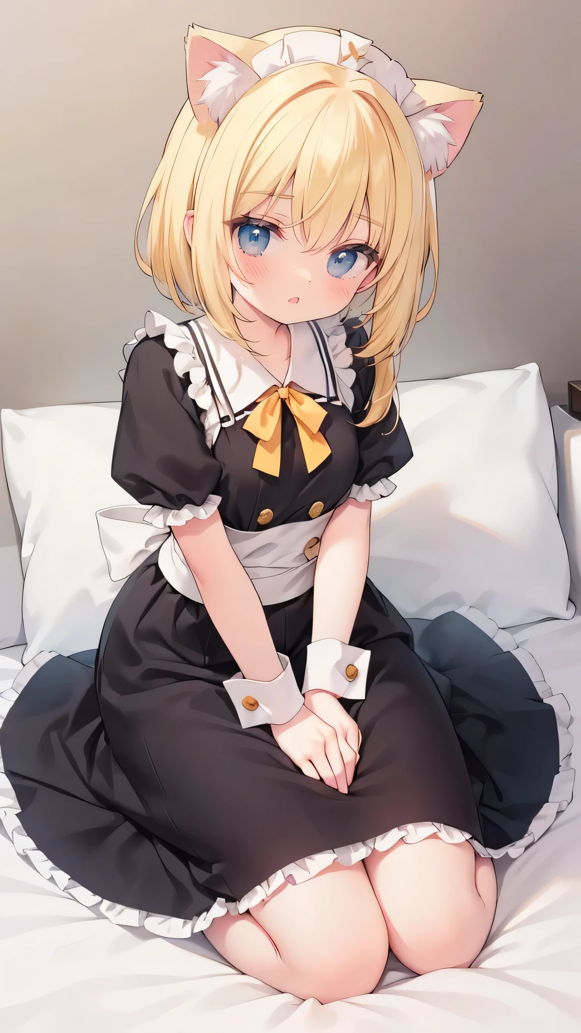 Wear beautiful clothes（the maid outfit），maidennurse，Heteropupil，Heterochromia，The  was cute，cat ear，coda，Tied with a ball head，hair tying up，（mitts），dynamicposes，photographed，borgar，Full body photo, yellow hair,maid cafe, moe moe kyun