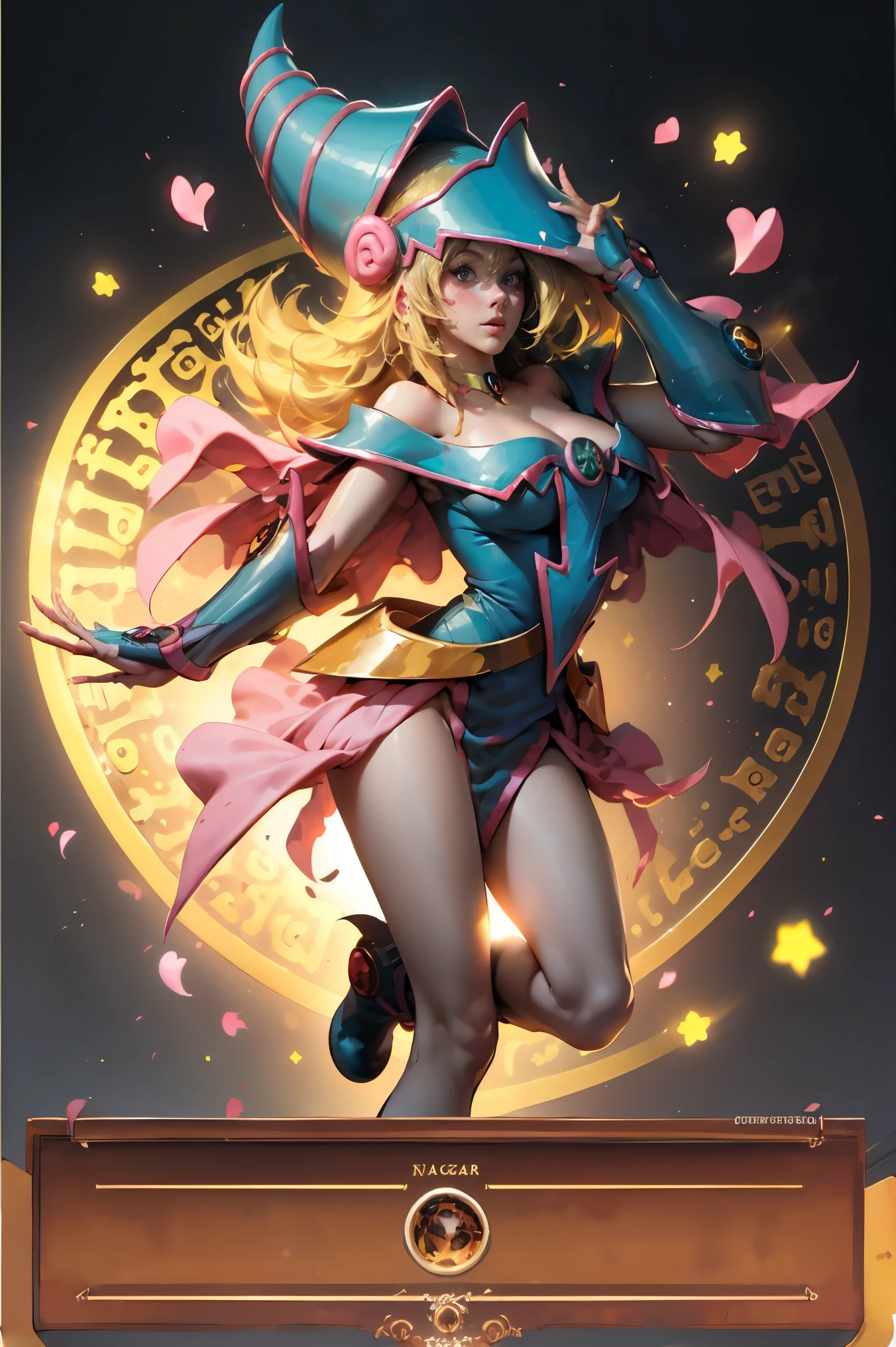 (Obra maestra:1.2), (La mejor calidad:1.2), Perfect lighting, Chica Maga Oscura lanzando un hechizo, flotando en el aire, tetas grandes, escote, fondo de magia. Corazones transparente en el hambiente, bata azul, sombrero grande, desde arriba, Destellos, Yugioh Card en el fondo. En tacones y en bikini 