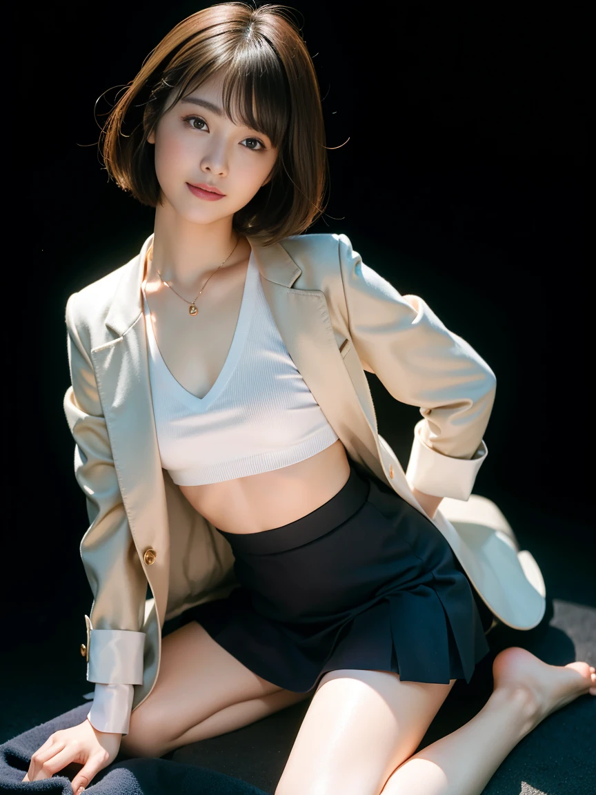 (masterpiece:1.2), (highest quality), (Looks like a whole body:1.3) ,(Very detailed), (8k, Complex), (Lens 135mm,F1.8), (Realistic)(Black background:1.3), Portrait Photography,(Dynamic pose),Side lighting,Edge lights up,Best Shadow,Area light source,Perfect Anatomy,perfect face shape,Best for women,Best Female Body,Improves skin texture,Fine fabric pattern,Precise beauty,Delicate and delicate skin,Very detailedな肌,Pale skin,Delicate Hair,Glowing Skin,highest quality, Realistic, 8k, khd, 1 girl, Pervert woman, (Looks like a whole body:1.3), School,Last, Blazer jacket, Tight mini skirt、(Covered nipples:0.2), uniform,Nipples are visible, No pants, Boldly roll up one's skirt, (Spread your legs), Bend your knees and spread your legs, (Short Bob Hair, Brown Hair),The buttoned up shirt flutters、necklace, looking at the camera、Looking at the camera、smile、Female dog