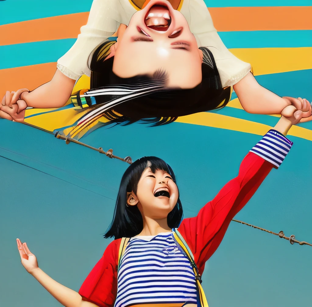 Laughing girl、look diagonally upward、Raise one hand