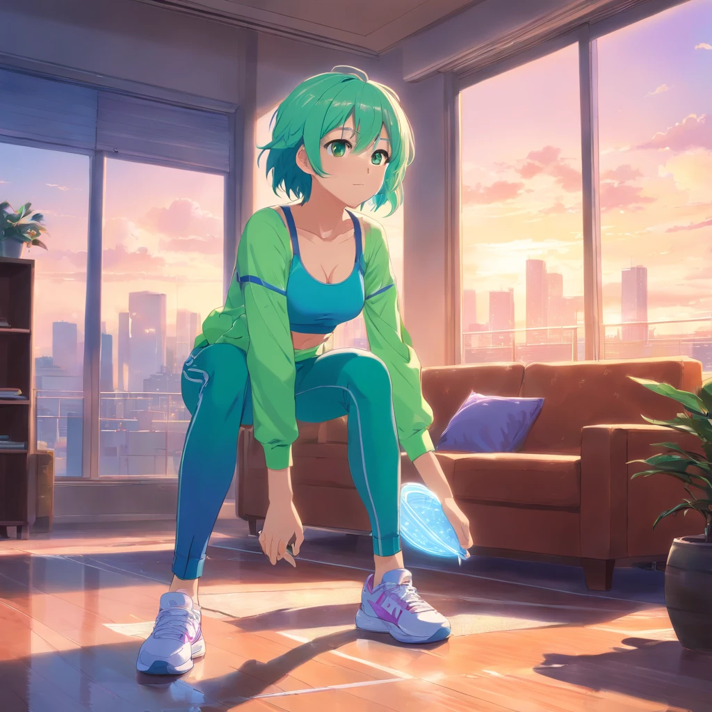 Anime images of a 19-year-old woman who is standing in the living room on the fifth floor of a building while the day is reflected in the windows (Full Shot). She is 169 cm tall, has long light green hair, her eyes are neon pink, she has an enthusiastic expression while she puts her hands on her cheeks, she wears a blue bra, green sports pants with lilac edges and tennis shoes. white