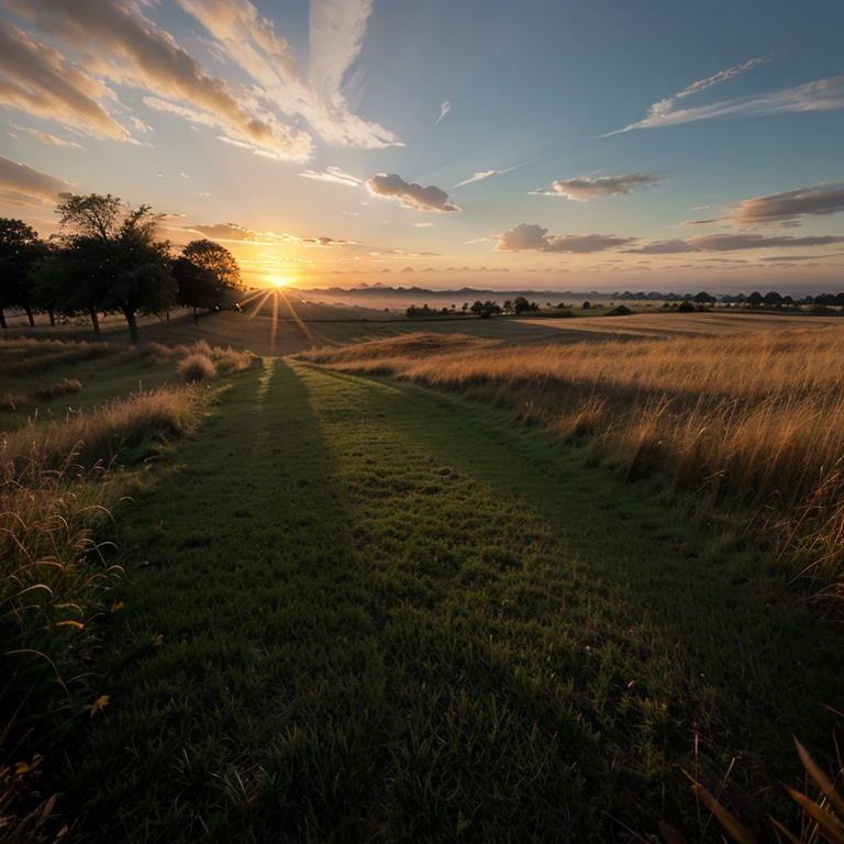 sunrise at endless grass fields