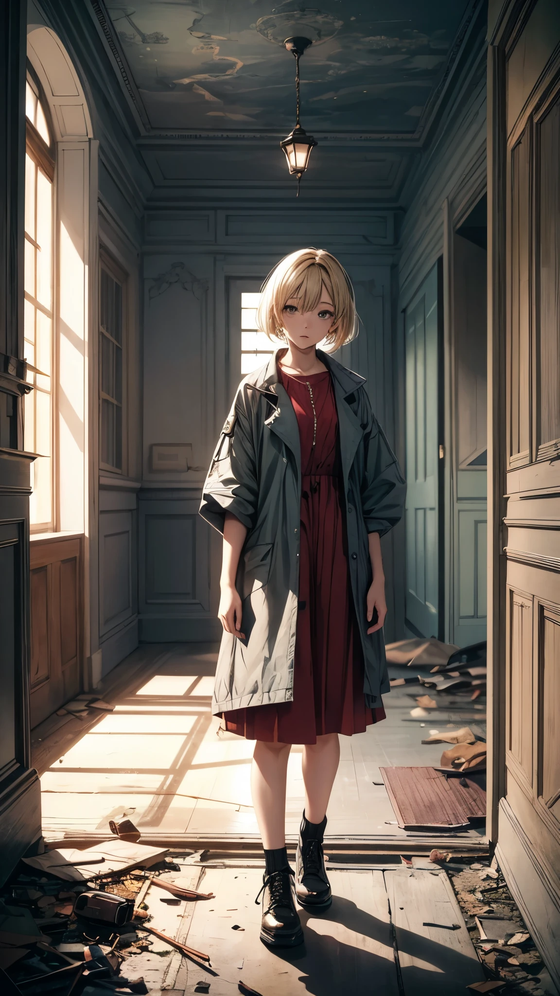 Outside the dark night,Inside the abandoned house,Inside the dark huge room,one woman 20years old,short blonde hair,she’s wearing army’s style,the woman is standing on the dark room,(woman close up)