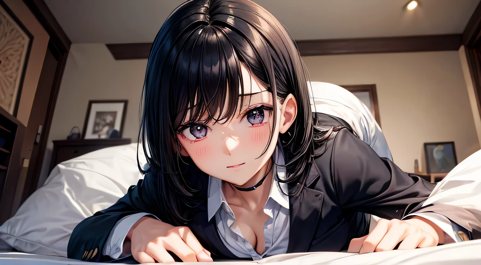 woman　Black Hair　Berry Short　blazer　Perfect facial expression　Perfect hair description　Perfect eye depiction　room　Studying in the room　Night room　Dark room