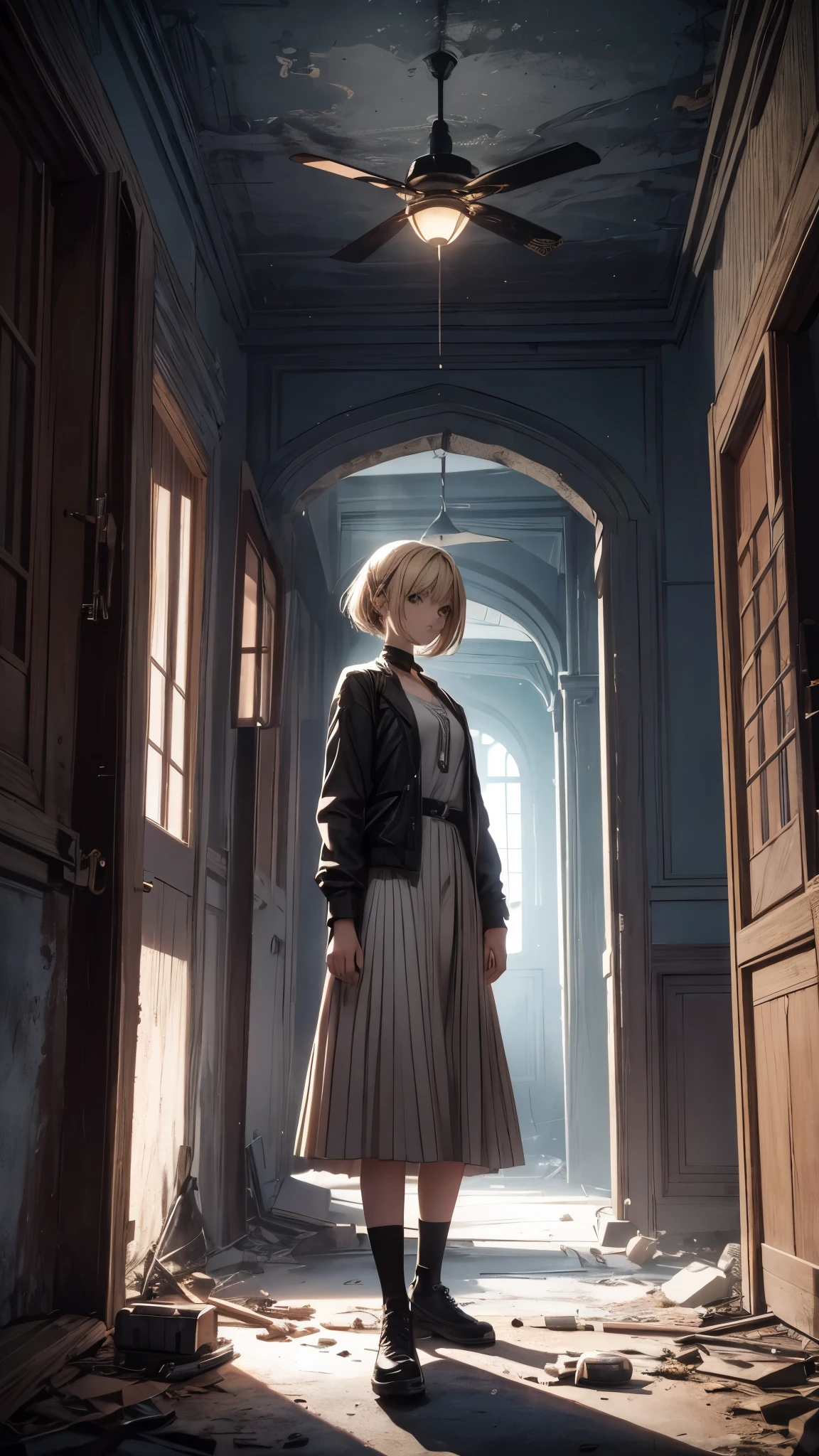 Outside the dark night,Inside the abandoned house,Inside the dark huge room,one woman 20years old,short blonde hair,she’s wearing army’s style,the woman is standing on the dark room,(woman close up)