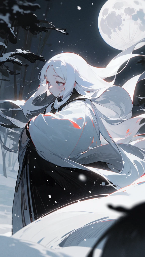 (masterpiece、highest quality)、Warm lighting、 Blurred foreground、Deep in the night、High Contrast,it's snowing,Black night,full moon,universe,planet,Moon and Earth,Ruined World,Very long white hair,Princess Kaguya,Snow-white long hair